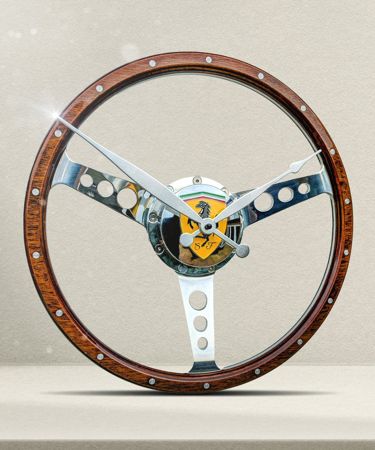 Classic car polished wooden steering wheel clock. Customers choice of car badge.