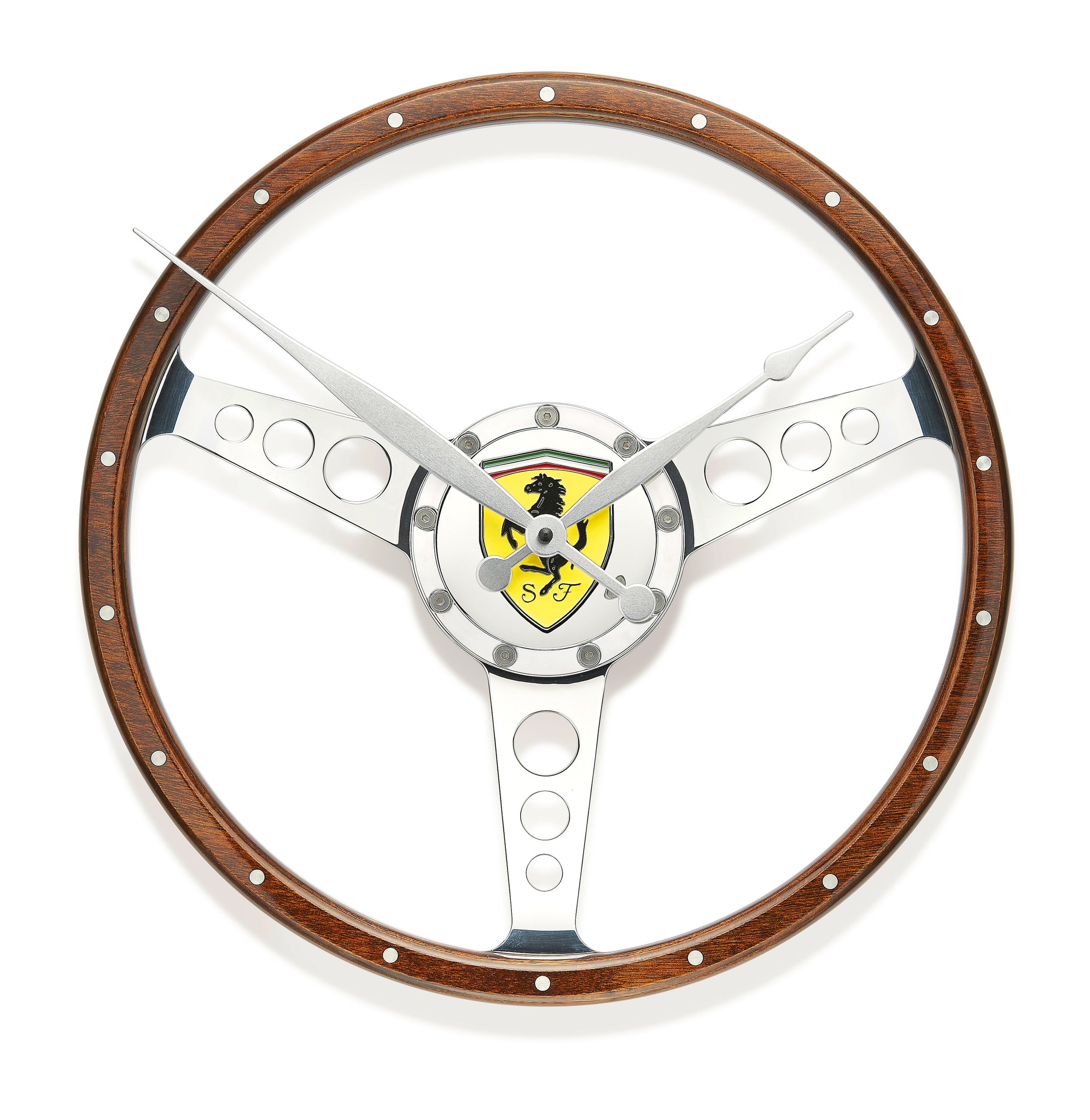 Classic car polished wooden steering wheel clock. Customers choice of car badge.