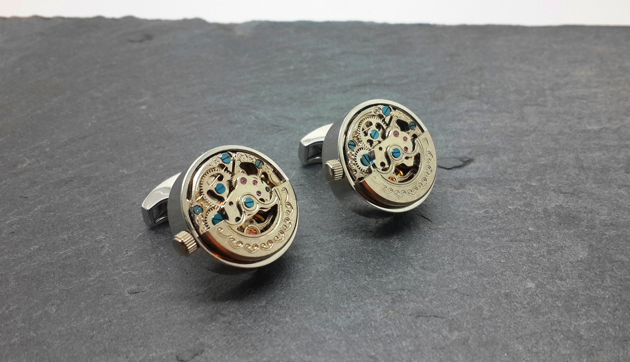 Working Clockwork Cufflinks With Crescent Decoration