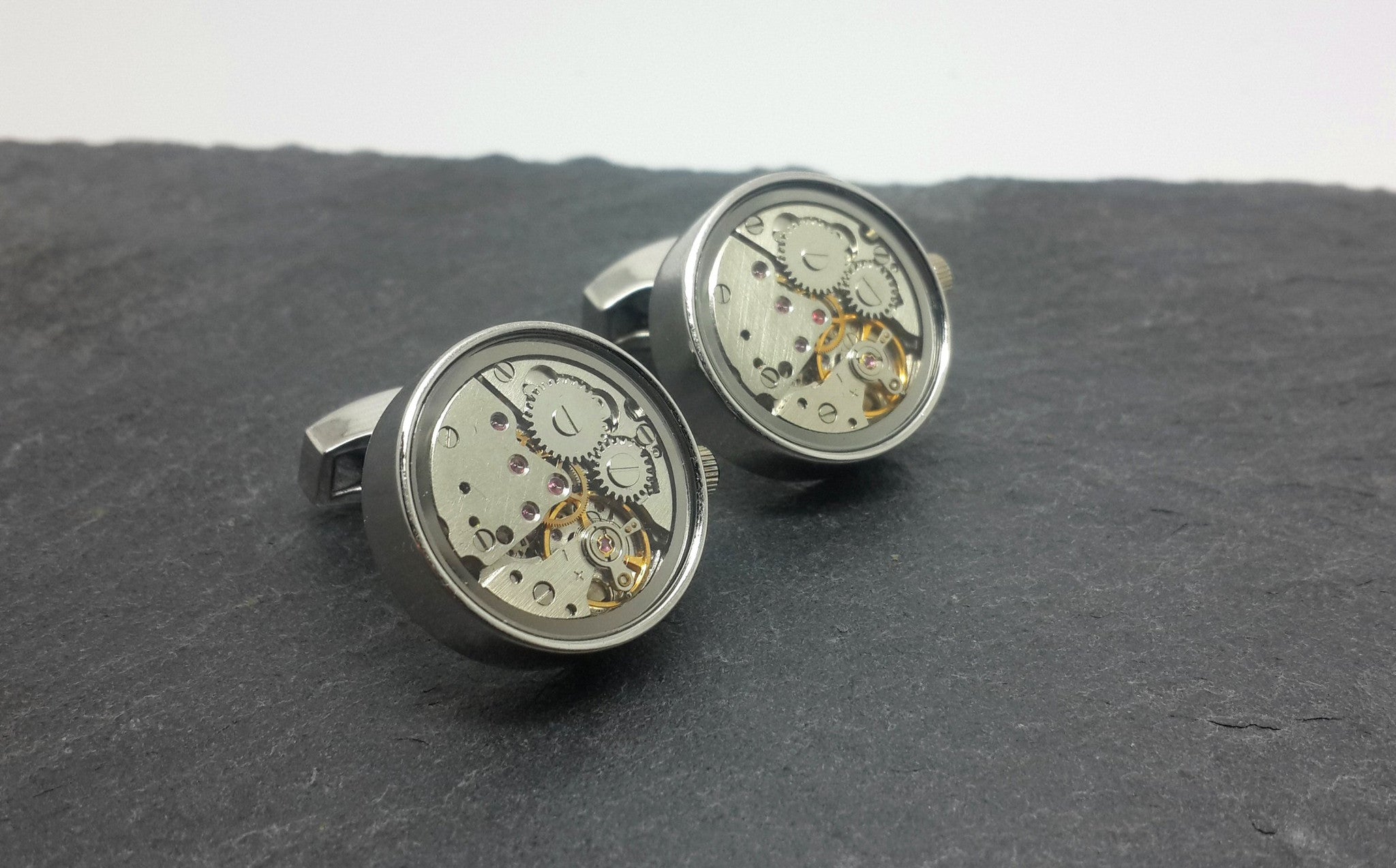 Clockwork Cufflinks, Moving Parts With Glass Face