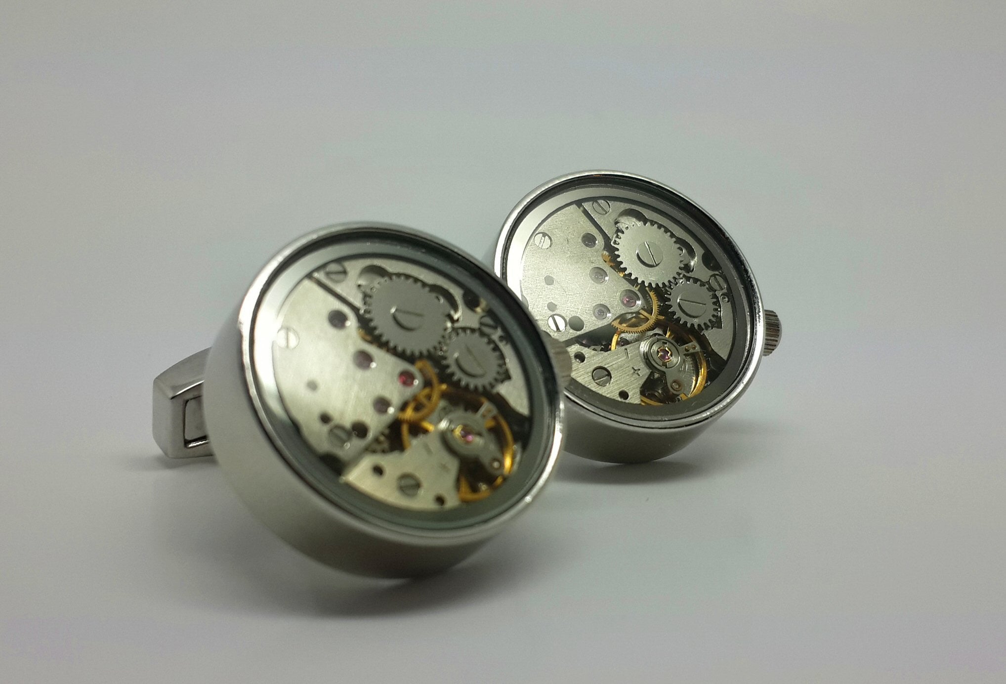 Clockwork Cufflinks, Moving Parts With Glass Face