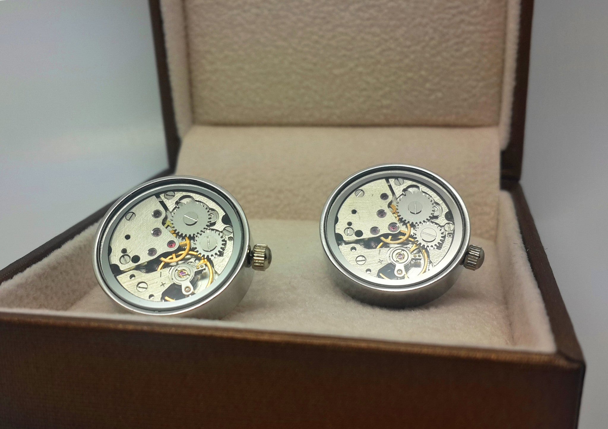 Clockwork Cufflinks, Moving Parts With Glass Face