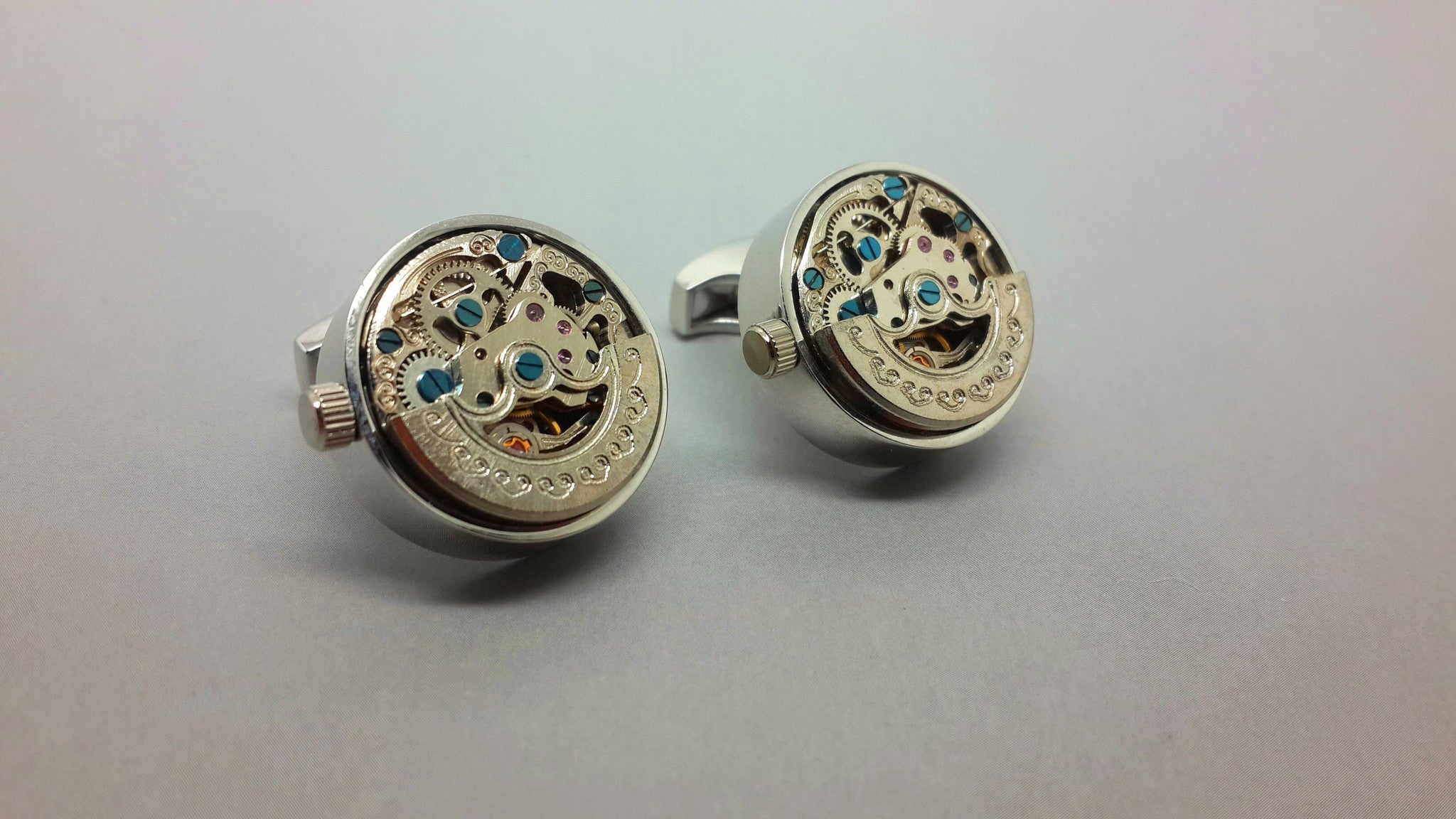 Working Clockwork Cufflinks With Crescent Decoration