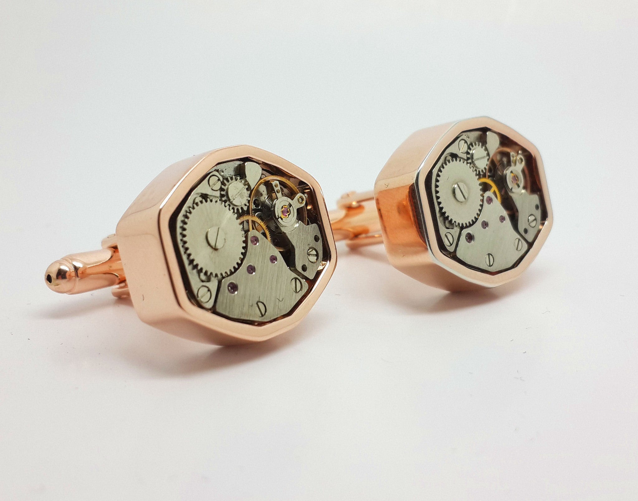 Decorative Clockwork Cufflinks Polygon In Rose Finish